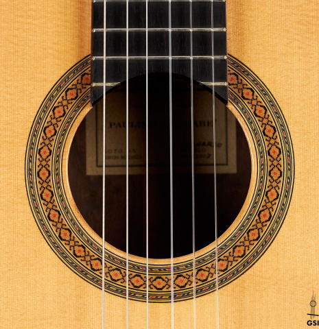 The rosette of a 2007 Paulino Bernabe "Leonardo" classical guitar made with spruce and African rosewood.