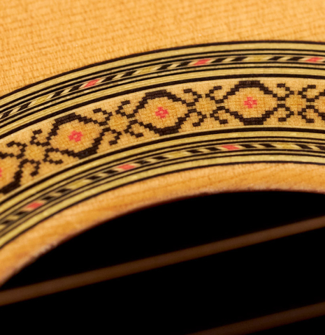 The rosette of a 2007 Paulino Bernabe "Leonardo" classical guitar made with spruce and African rosewood.