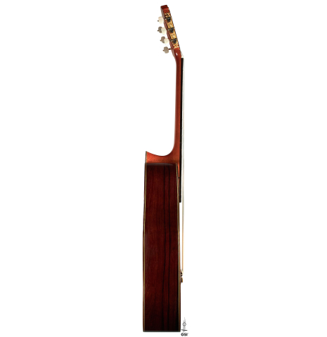 The side of a 2007 Paulino Bernabe "Leonardo" classical guitar made with spruce and African rosewood.