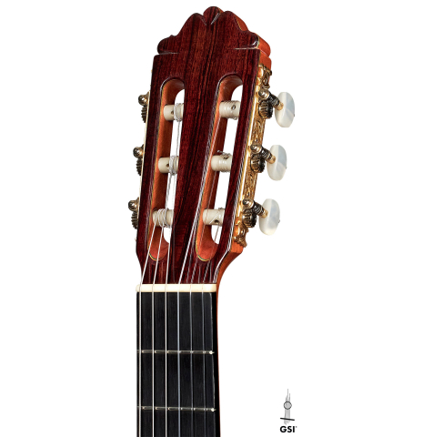 The headstock of a 2007 Paulino Bernabe "Leonardo" classical guitar made with spruce and African rosewood.
