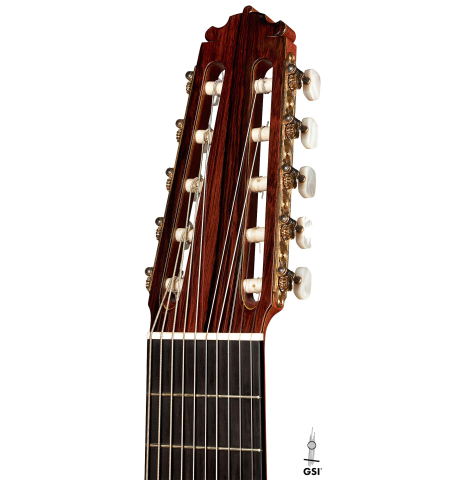 The headstock of a 1980 Paulino Bernabe "10-String" (ex Narciso Yepes) made with spruce top and CSA rosewood.