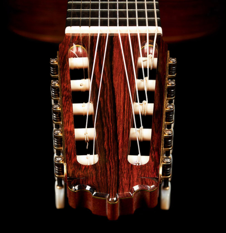 The headstock of a 1980 Paulino Bernabe "10-String" (ex Narciso Yepes) made with spruce top and CSA rosewood.