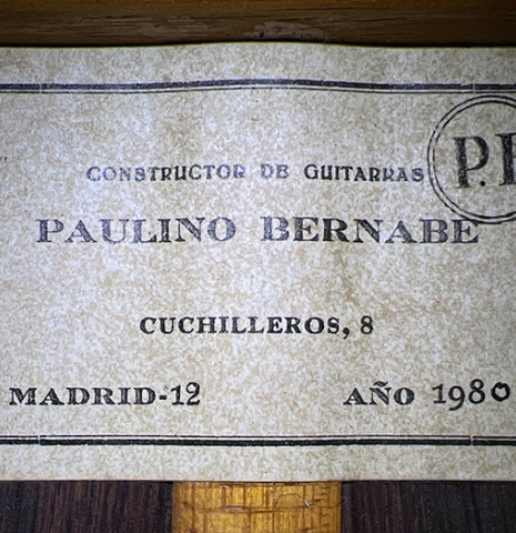 The label of a 1980 Paulino Bernabe "10-String" (ex Narciso Yepes) made with spruce top and CSA rosewood.