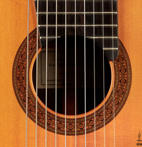 The rosette and strings of a 1980 Paulino Bernabe "10-String" (ex Narciso Yepes) made with spruce top and CSA rosewood.
