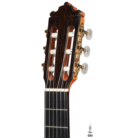 The headstock of a 1995 Paulino Bernabe (ex Marc Teicholz)  classical guitar made with cedar and CSA rosewood.