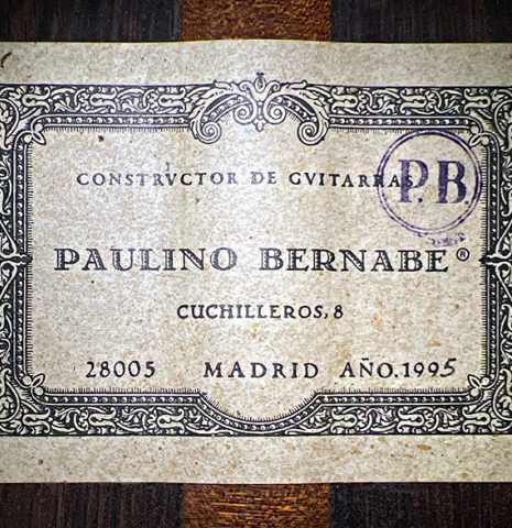 The label of a 1995 Paulino Bernabe (ex Marc Teicholz)  classical guitar made with cedar and CSA rosewood.