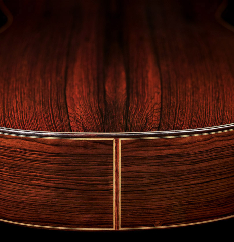 The lower bout of a 1995 Paulino Bernabe (ex Marc Teicholz)  classical guitar made with cedar and CSA rosewood.