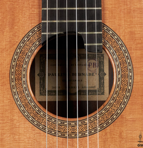 The rosette of a 1995 Paulino Bernabe (ex Marc Teicholz)  classical guitar made with cedar and CSA rosewood.