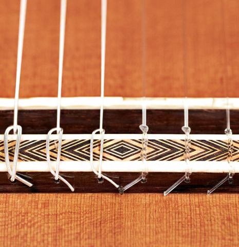 The bridge and tie block of a 1995 Paulino Bernabe (ex Marc Teicholz)  classical guitar made with cedar and CSA rosewood.