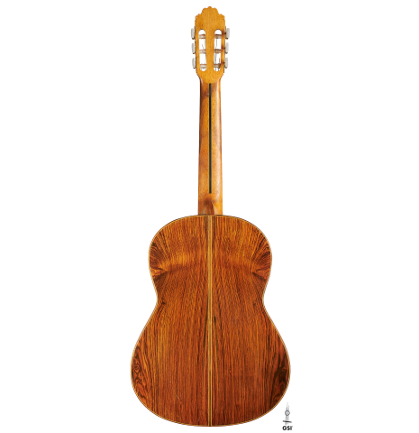The back of a 2000 Paulino Bernabe "50" classical guitar made of spruce and CSA rosewood