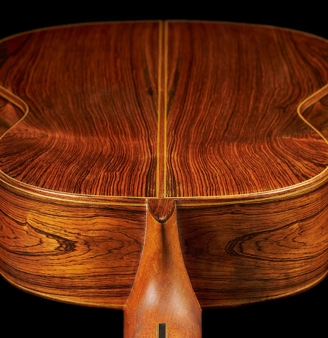 The heel, sides and back of a 2000 Paulino Bernabe "50" classical guitar made of spruce and CSA rosewood