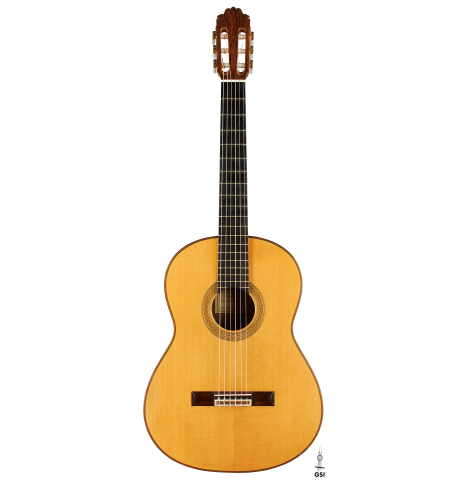 The front of a 2000 Paulino Bernabe "50" classical guitar made of spruce and CSA rosewood