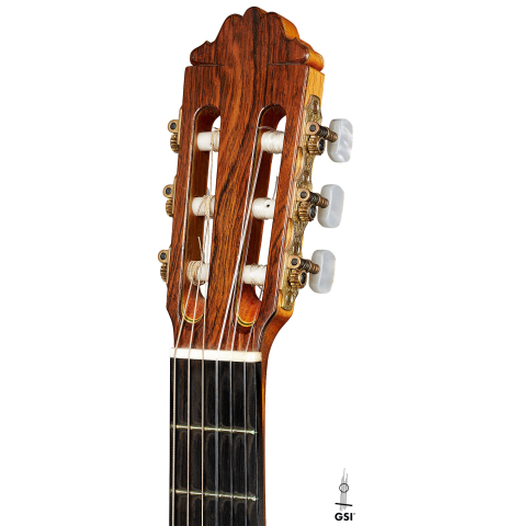 The headstock of a 2000 Paulino Bernabe "50" classical guitar made of spruce and CSA rosewood