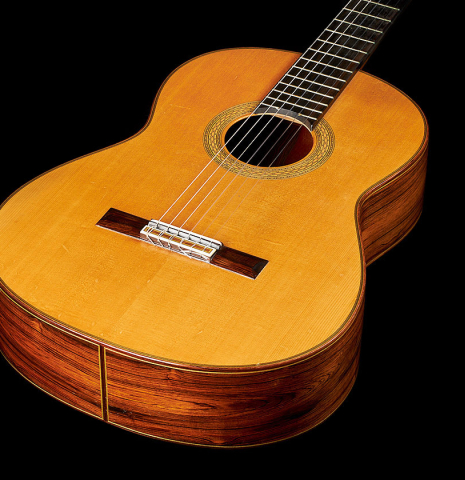 The soundboard of a 2000 Paulino Bernabe "50" classical guitar made of spruce and CSA rosewood