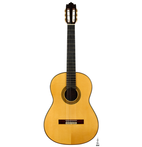 The front of a 2001 Paulino Bernabe "Imperial" classical guitar made of spruce and CSA rosewood