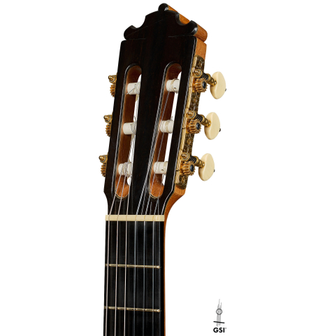 The headstock of a 2001 Paulino Bernabe "Imperial" classical guitar made of spruce and CSA rosewood