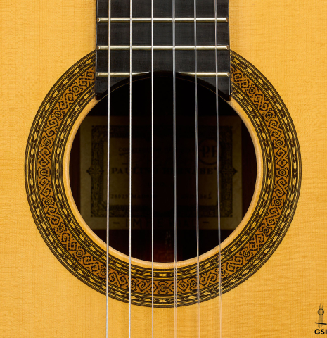 The rosette of a 2001 Paulino Bernabe "Imperial" classical guitar made of spruce and CSA rosewood