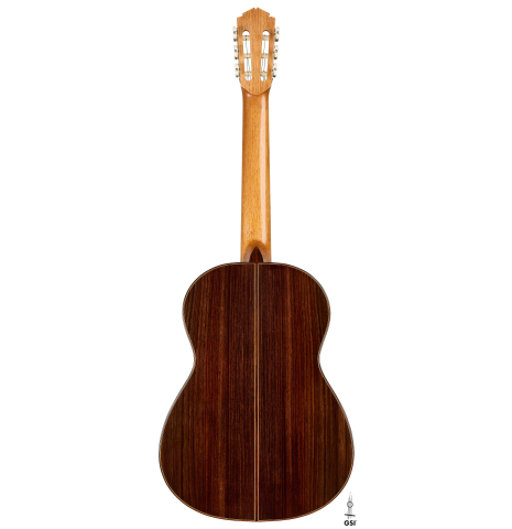 The back of a 2026 Tobias Berg "Bouchet" classical guitar made of spruce and Indian rosewood