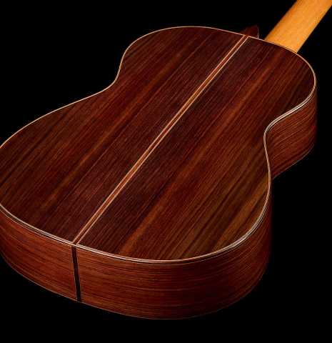 The back and sides of a 2026 Tobias Berg "Bouchet" classical guitar made of spruce and Indian rosewood