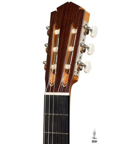 The headstock of a 2026 Tobias Berg "Bouchet" classical guitar made of spruce and Indian rosewood