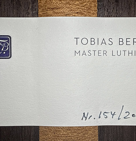 The label of a 2026 Tobias Berg "Bouchet" classical guitar made of spruce and Indian rosewood