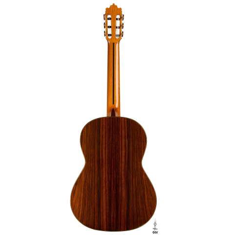The back of a 1972 Paulino Bernabe classical guitar made of cedar and Indian rosewood