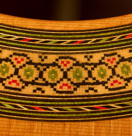 Close-up of the rosette mosaic of a 1972 Paulino Bernabe classical guitar made of cedar and Indian rosewood