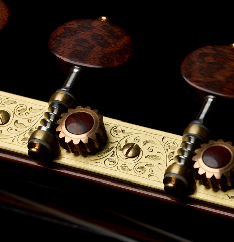 The Alessi tuners of a 1972 Paulino Bernabe classical guitar made of cedar and Indian rosewood