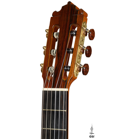 The headstock of a 1972 Paulino Bernabe classical guitar made of cedar and Indian rosewood