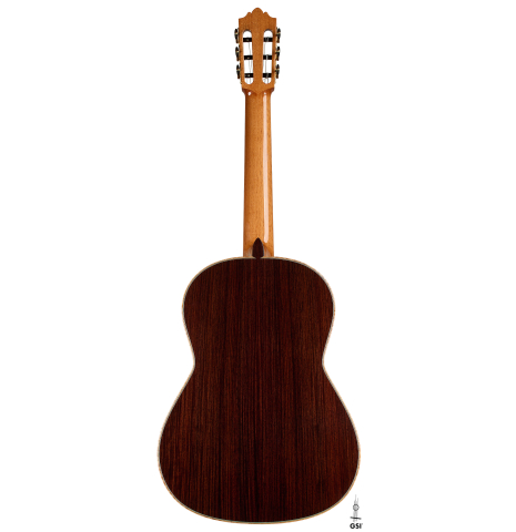 The back of a 2026 Martin Blackwell "640" double-top classical guitar made of spruce and Indian rosewood