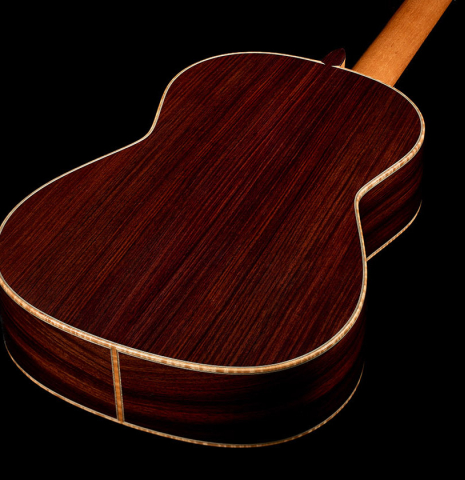 The back and sides of a 2026 Martin Blackwell "640" double-top classical guitar made of spruce and Indian rosewood