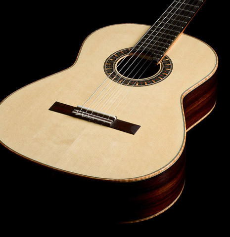 The soundboard and sides of a 2026 Martin Blackwell "640" double-top classical guitar made of spruce and Indian rosewood