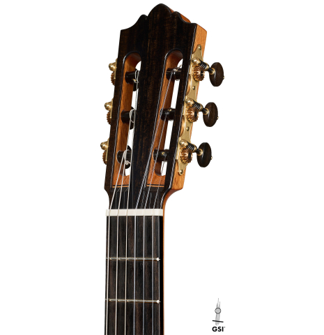 The headstock of a 2026 Martin Blackwell "640" double-top classical guitar made of spruce and Indian rosewood