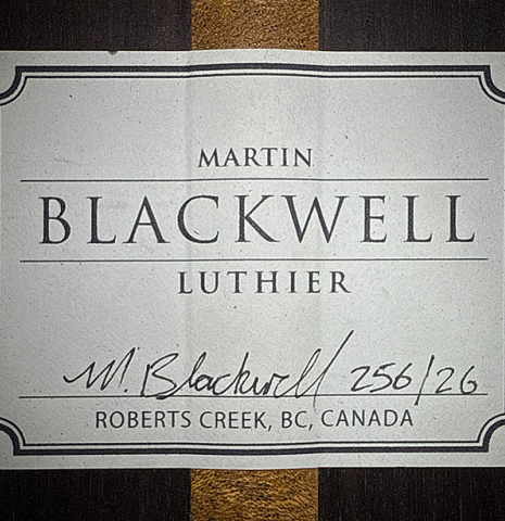 The label of a 2026 Martin Blackwell "640" double-top classical guitar made of spruce and Indian rosewood