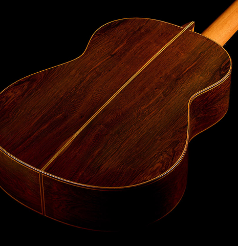 The back and sides of a 1997 Tom Blackshear "1976 Rodriguez" classical guitar made of spruce and CSA rosewood
