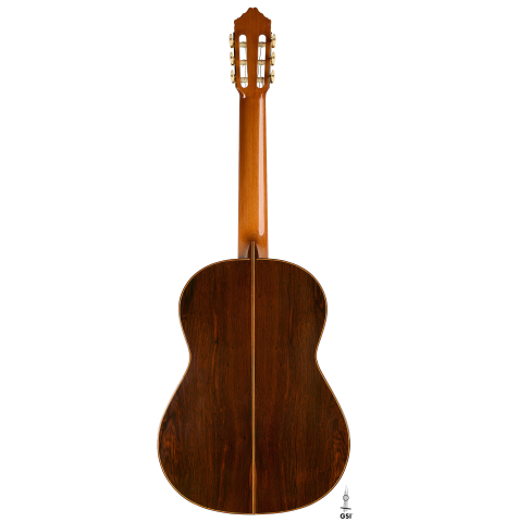 The back of a 1997 Tom Blackshear "1976 Rodriguez" classical guitar made of spruce and CSA rosewood