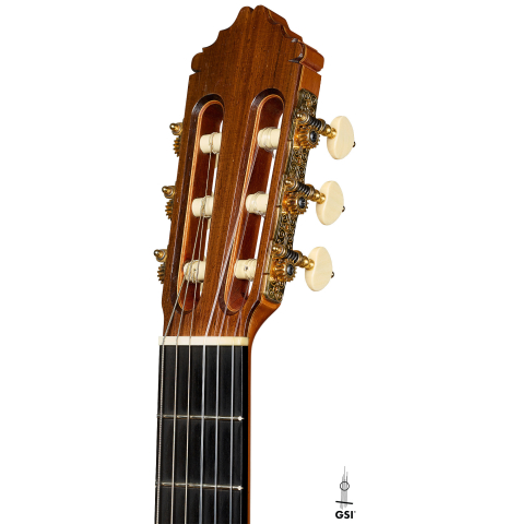 The headstock of a 1997 Tom Blackshear "1976 Rodriguez" classical guitar made of spruce and CSA rosewood