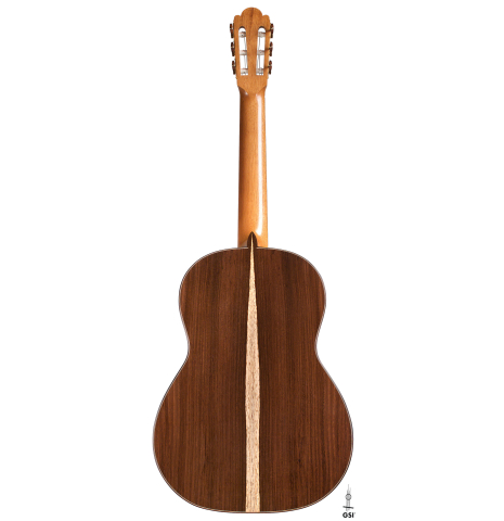 This is the back of a 2021 Edmund Blöchinger SP/CSAR classical guitar on a white background