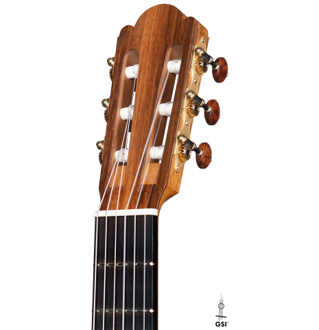 This is the headstock of a 2021 Edmund Blöchinger SP/CSAR classical guitar on a white background