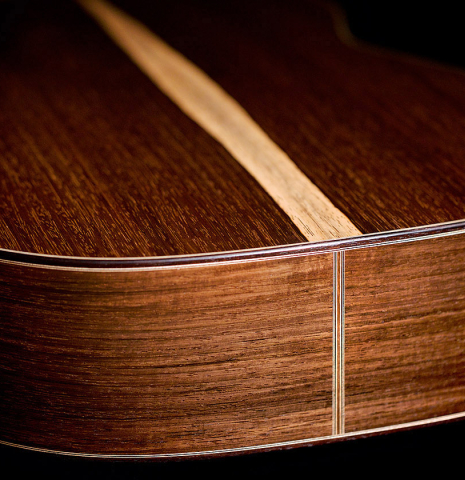 This is a close-up of the back and sides of a 2021 Edmund Blöchinger SP/CSAR classical guitar