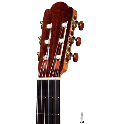 This is the headstock of a 2022 Edmund Blöchinger SP/CSAR classical guitar on a white background