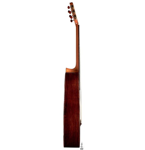 This is the side of a 2022 Edmund Blöchinger SP/CSAR classical guitar on a white background