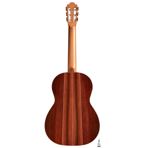 The back of a 2023 Edmund Blöchinger "Llobet" classical guitar made with spruce top and CSA rosewood back and sides.