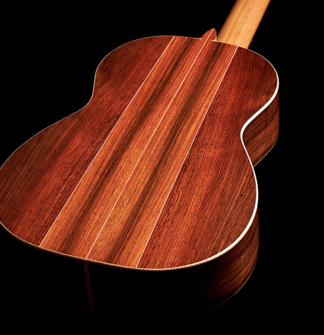 The back of a 2023 Edmund Blöchinger "Llobet" classical guitar made with spruce top and CSA rosewood back and sides.