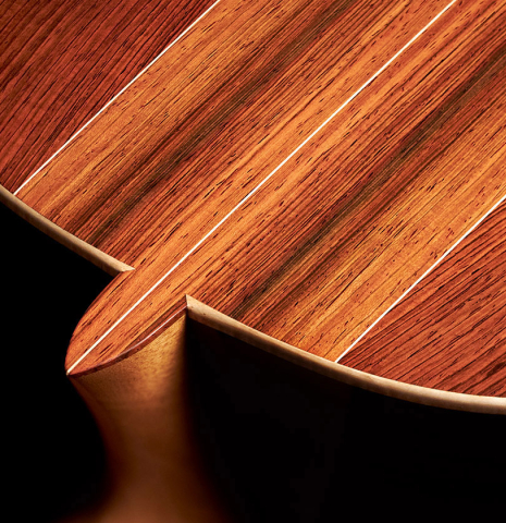The back and heel of a 2023 Edmund Blöchinger "Llobet" classical guitar made with spruce top and CSA rosewood back and sides.
