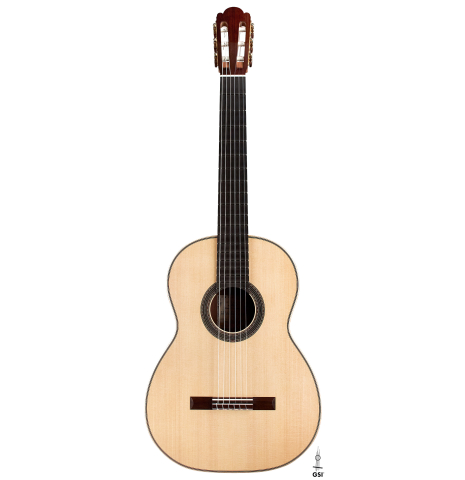 The front of a 2023 Edmund Blöchinger "Llobet" classical guitar made with spruce top and CSA rosewood back and sides.