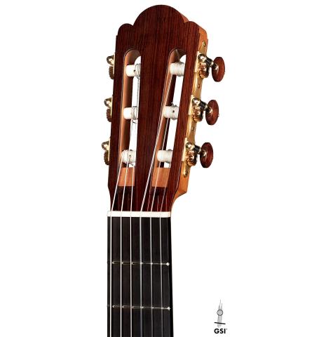 The headstock of a 2023 Edmund Blöchinger "Llobet" classical guitar made with spruce top and CSA rosewood back and sides.