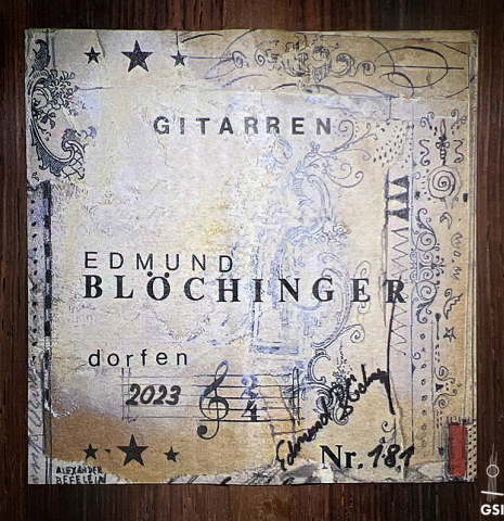 The label of a 2023 Edmund Blöchinger "Llobet" classical guitar made with spruce top and CSA rosewood back and sides.