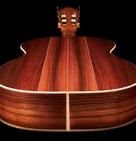 The back of a 2023 Edmund Blöchinger "Llobet" classical guitar made with spruce top and CSA rosewood back and sides.