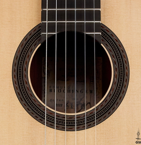 The rosette of a 2023 Edmund Blöchinger "Llobet" classical guitar made with spruce top and CSA rosewood back and sides.